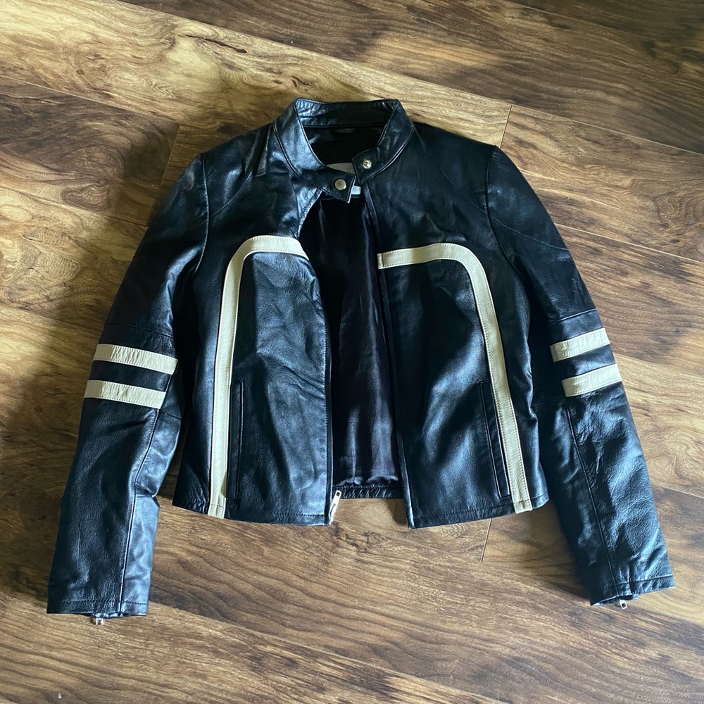 Wilson’s Leather Black White Striped Moto Jacket